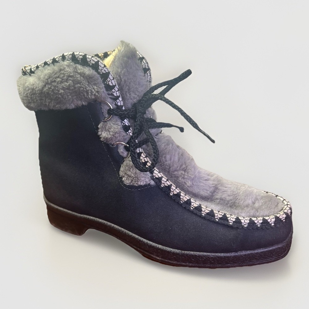 Vintage 60s Snowland Fleece Lined Suede Leather Nordic Snow Boots Black Size 8 - Picture 1 of 6